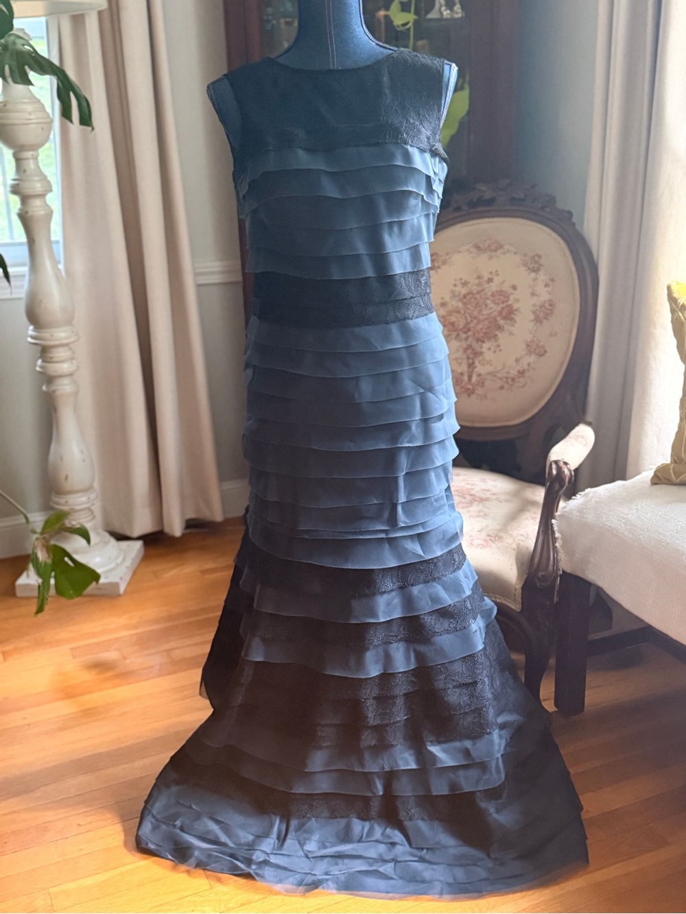 Kay Unger Silk Tiered Ruffle Maxi Gown, Slate Blue & Black, Size 2